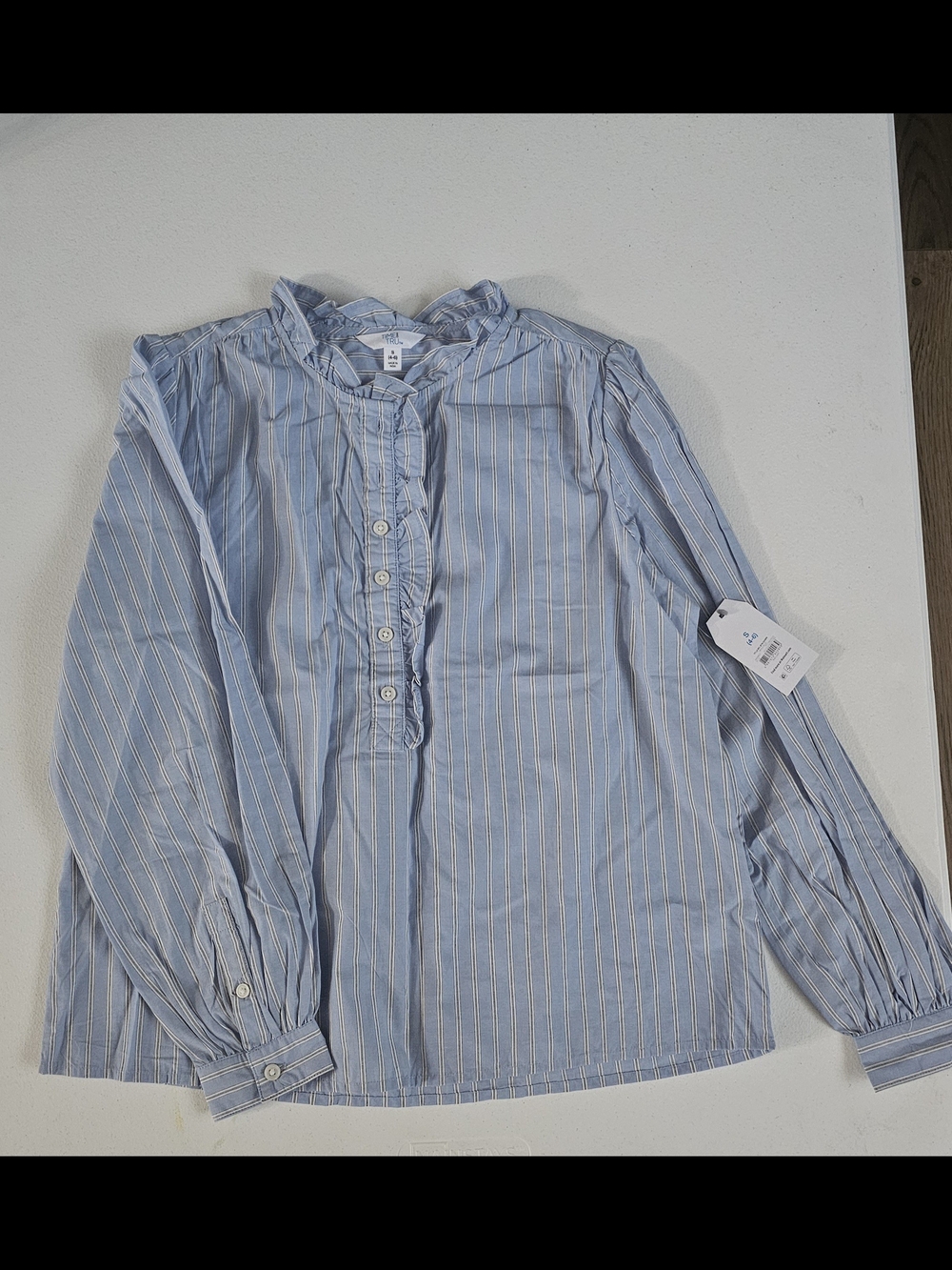 Light Blue Striped Ruffle-Front Woments Blouse